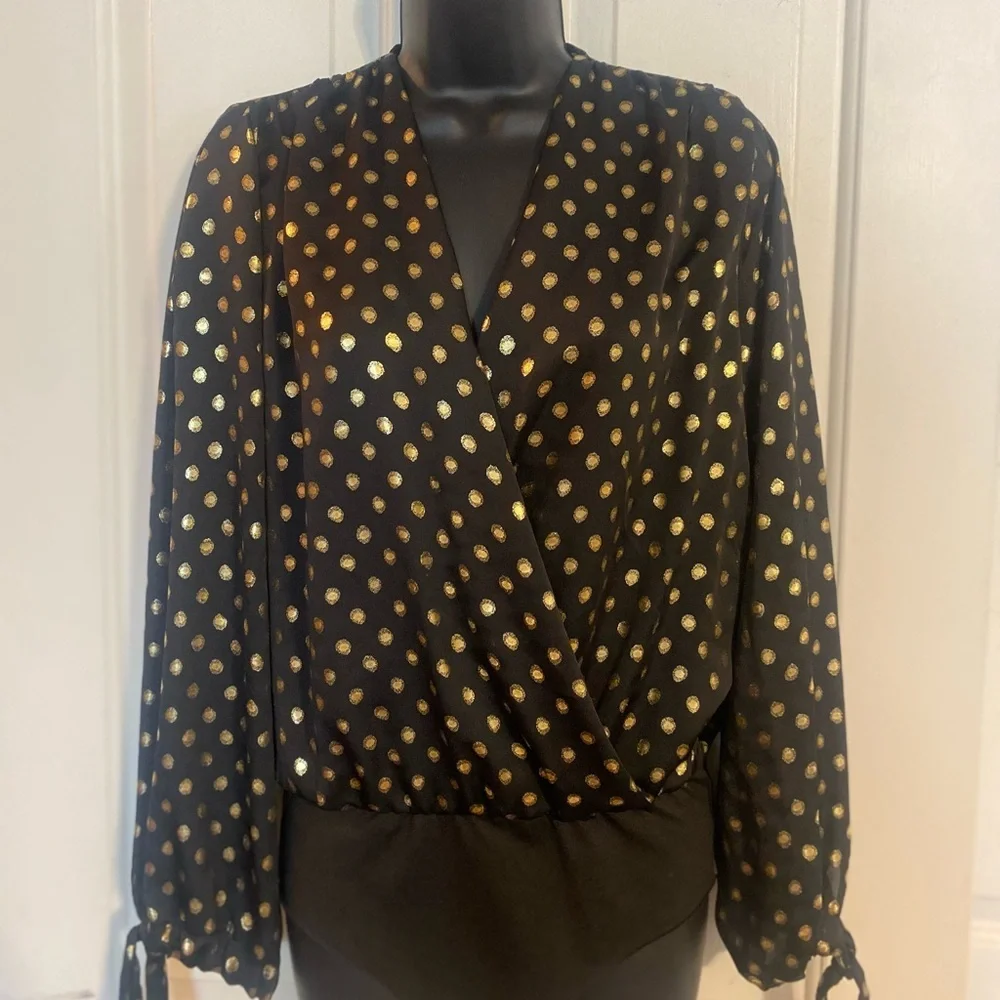 “ZARA” Gold Polka Dot Wrap Blouse BodySuit - Picture 5 of 16